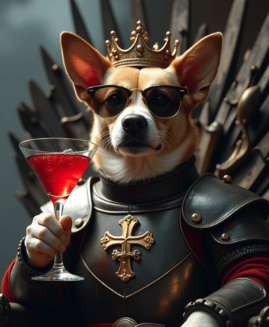 close up cinematic photo, a text title movie poster Game of thrones happy sunday a dog whith sun glasses holding a red martini, wearing medieval armor, crown, sitting on a iron throne, light fog, highly detailed, parody movie poster, a digital movie poster illustration, game of thrones