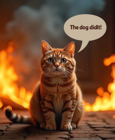 A photorealistic image of a calm, innocent-looking cat sitting in the middle of a burning room. Flames rage around it, smoke fills the air, and the cat stares directly at the viewer with wide eyes. A speech bubble above the cat reads, The dog did it! The contrast between the cat's serene demeanor and the chaotic scene adds a humorous, surreal touch.