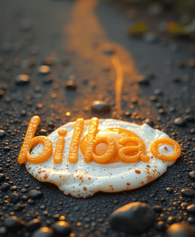 The text BILBAO made of fried eggs frying on the hot summer asphalt