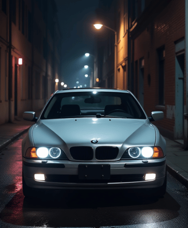 a silver BMW 635CSi, grand theft auto style image, in a dark alleyway setting, realistic, neo-noir