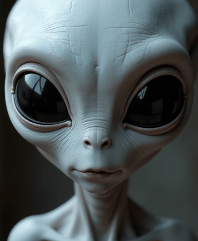 Close-up photo of a grey alien with big black oval eyes, super detailed skin, ultra hd, 4k, real life, maximum facial detail --ar 9:16 --q 2 --s 750