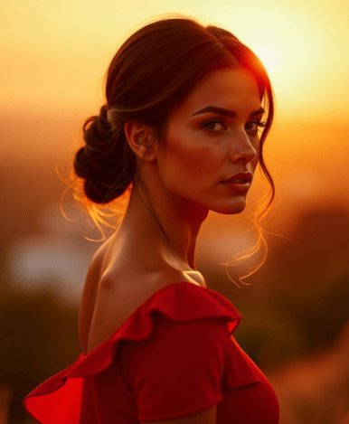 Glam shot photo of a pretty lady, side view portrait, red dress, golden hour, digital colors, realistic texture